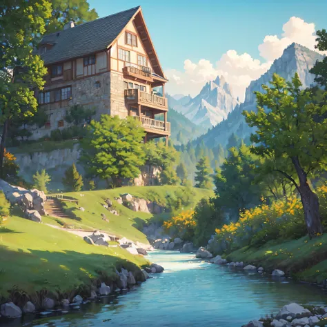 ((masterpiece:1.4,best quality)), cloud,   outdoors
(mountains), spring glade,river,house, scenery, sky,
(noon:1.4), high detail...