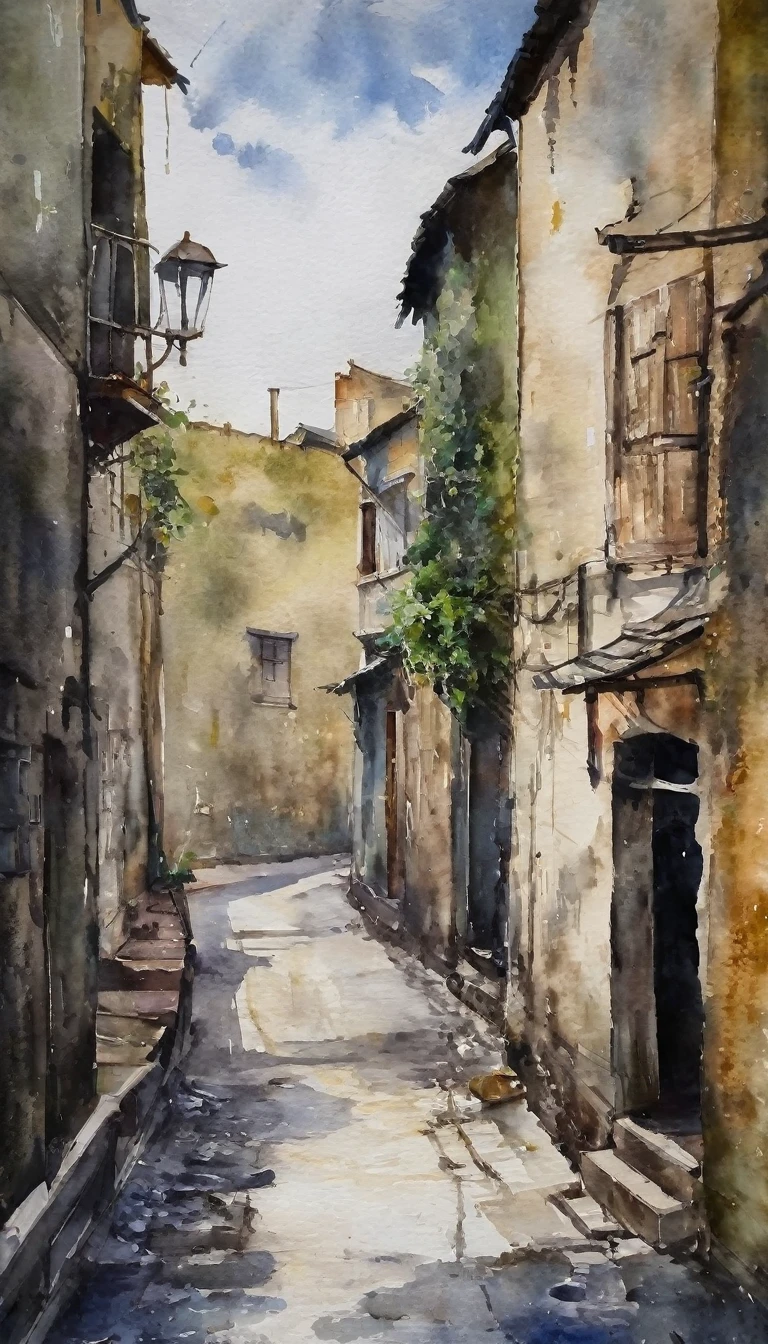 ((watercolor)), landscape, Blurred, ennui, cloudy, China, Residential Street, Village, danger, (Senior), (Intensive), Alley, Foggy, Loneliness, Shabby, Dim, daily, Hidden Beauty, shadow, old, Hazy, Silence, decline, (narrow street), Lonely, Devastation, Shadow of the City, melancholy, Loneliness, nostalgia, 
