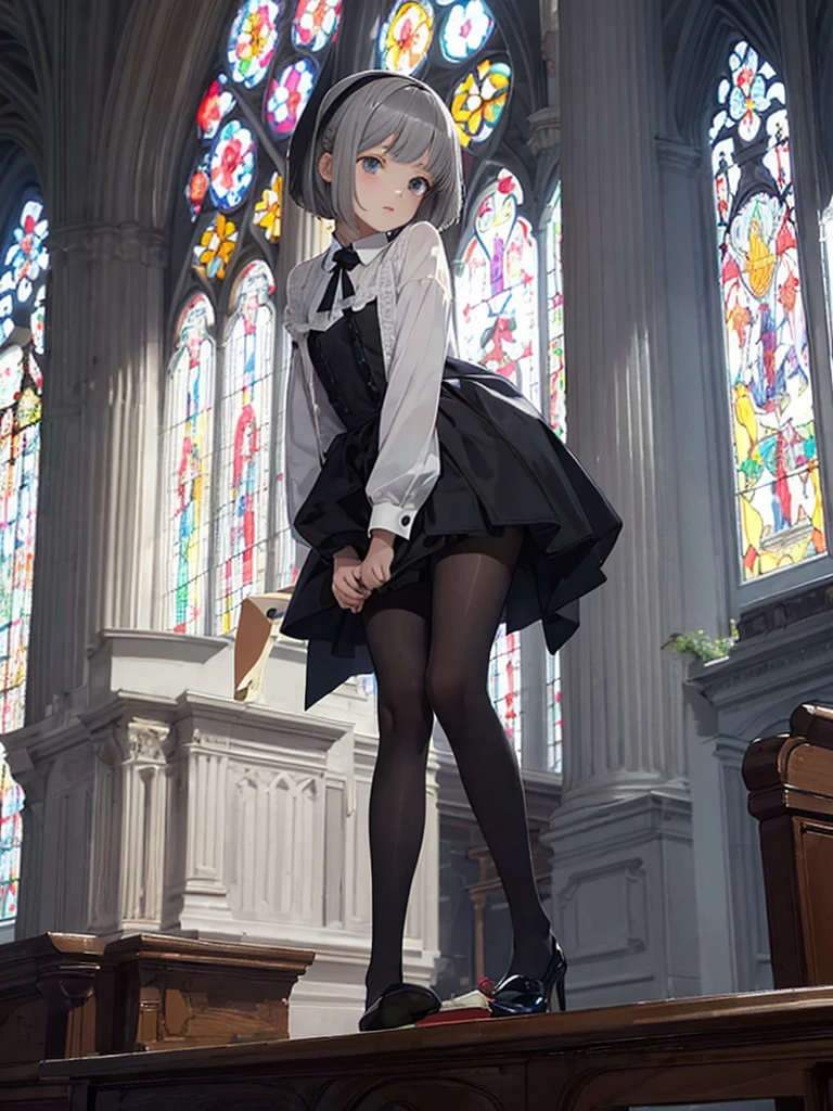 masterpiece, best quality, 1 girl, solo, 12 years old, flat chest, Perfect Face, beautiful,grey hair,  bob cut, undertaker, church, black pantyhose, looking through legs,sit