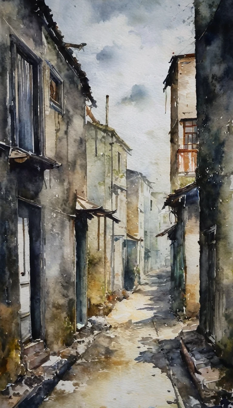 ((watercolor)), landscape, Blurred, ennui, cloudy, Dark Sky, China, Residential Street, Village, danger, (Senior), (Intensive), Light does not reach, Alley, Foggy, Loneliness, Shabby, Dim, daily, Hidden Beauty, shadow, old, Hazy, Silence, decline, (narrow street), Lonely, Devastation, Shadow of the City, melancholy, Loneliness, nostalgia, 
