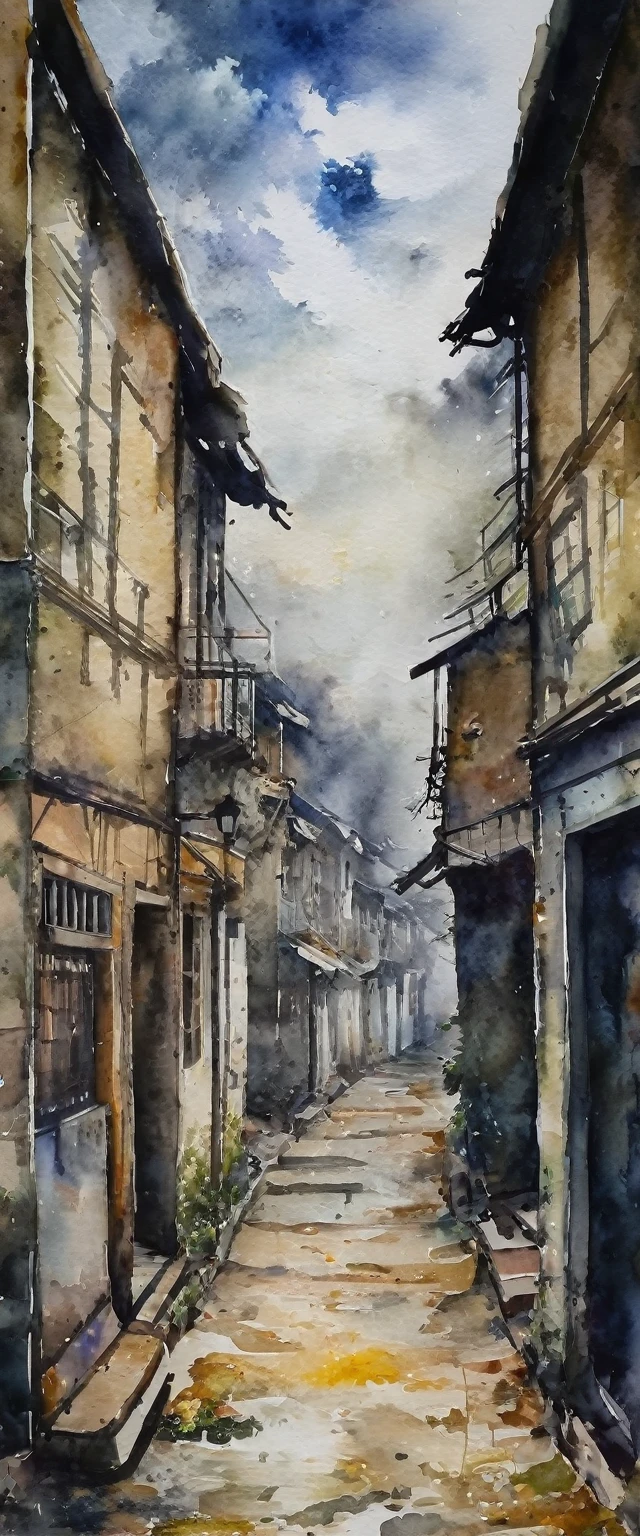 ((watercolor)), landscape, Blurred, ennui, cloudy, Dark Sky, China, Residential Street, Village, danger, (Senior), (Intensive), Light does not reach, Alley, Foggy, Loneliness, Shabby, Dim, daily, Hidden Beauty, shadow, old, Hazy, Silence, decline, (narrow street), , Devastation, Shadow of the City, melancholy, Loneliness, nostalgia, 
