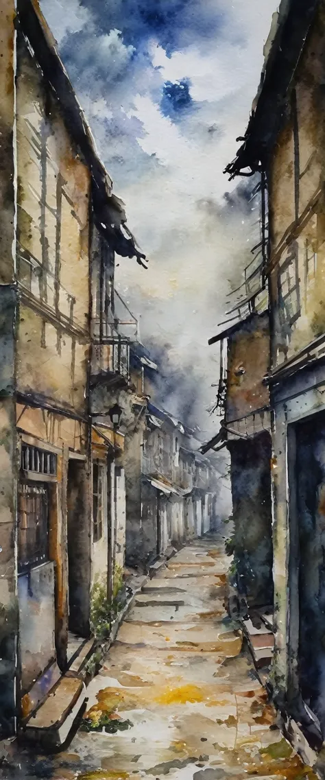 ((watercolor)), landscape, Blurred, ennui, cloudy, Dark Sky, China, Residential Street, Village, danger, (Senior), (Intensive), ...