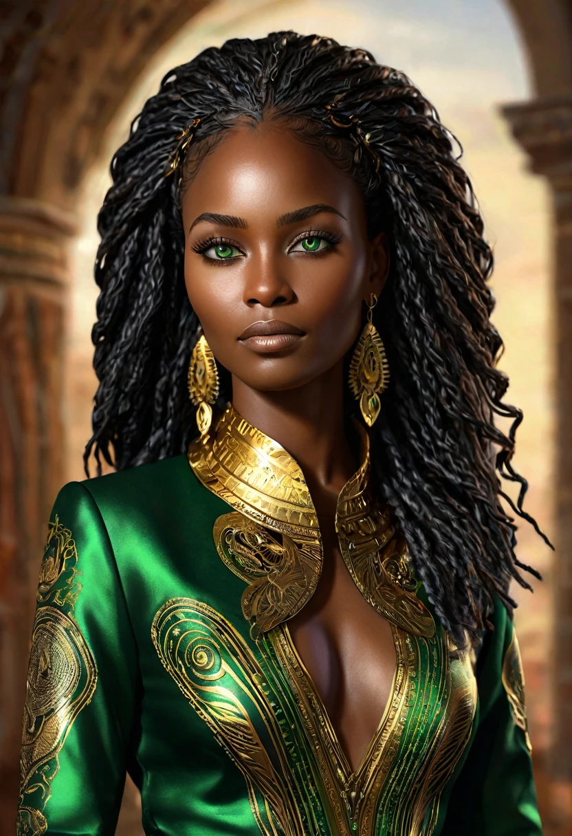 (((Femme noir africaine, peau couleur ébène intense et profond, Peau parfaite, en mouvement,  Marche, tout le corps, cheffe d’entreprise, ingénieur, intelligent, directrice, scientifique))), ((Meilleure qualité, extrêmement détaillé:1.8, hyperRéaliste:1.5, Photoréaliste:1.5, grande profondeur de champ, Vue de face, Très belle femme de 35 ans, Prise de vue en direct, robe tailleur de directrice)), ((femme debout, elle a une pose sérieuse, cheveux très longs, cheveux noirs avec des reflets dorés et verts brillants, quelques mèches tressées, tresses africaine)), ((visage de femme africaine noire détaillée regardant la caméra, yeux verts claire électrique, cheffe d’entreprise,  silhouette féline)), (Photoréaliste), Des yeux perçants, poitrine push-up, Taille très fine, jambes longues, longues jambes,  mains fines et détaillées, coiffure détaillée, cheveux très longs,  femme charismatique, charisme, charismatique, Yeux pétillants, cheffe d’entreprise, ingénieur, intelligent, directrice, scientifique, 