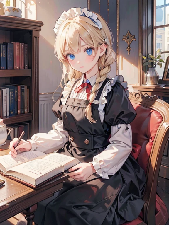 masterpiece, highest quality, Very detailed, 16k, Ultra-high resolution, 12 year old girl, Detailed face, blue eyes, Blonde, Braid, Red ribbon on head, Black maid outfit, Western-style building, libraryai, Bookshelf, Have many books