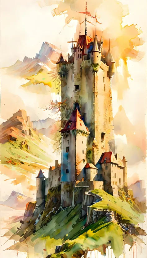 watercolor painting, art by Carne Griffiths, epic landscape, medieval castle, clouds, mountains, sunlight penetrating through cl...