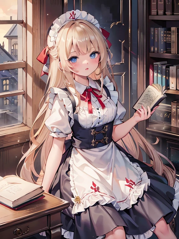 masterpiece, highest quality, Very detailed, 16k, Ultra-high resolution, 12 year old girl, Detailed face, blue eyes, Blonde, Braid, Red ribbon on head, Black maid outfit, Western-style building, libraryai, Bookshelf, Holding many books