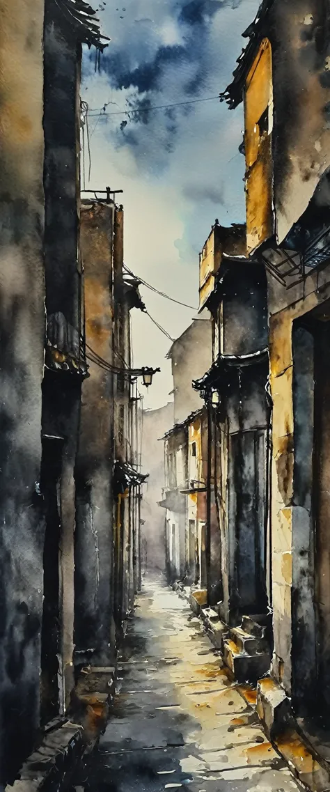 ((watercolor)), landscape, Blurred, ennui, cloudy, Jet Black, Dark Sky, China, Residential Street, Village, danger, (Senior), (I...