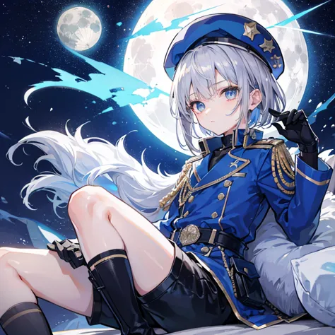 Blue military uniform　Shota　10 year old boy　Hair color is silver　Eye color: blue　Short hairstyle　Shorts　night　The moon is visibl...