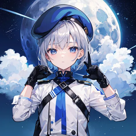 Blue military uniform　Shota　10 year old boy　Hair color is silver　Eye color: blue　Short hairstyle　Shorts　night　The moon is visibl...