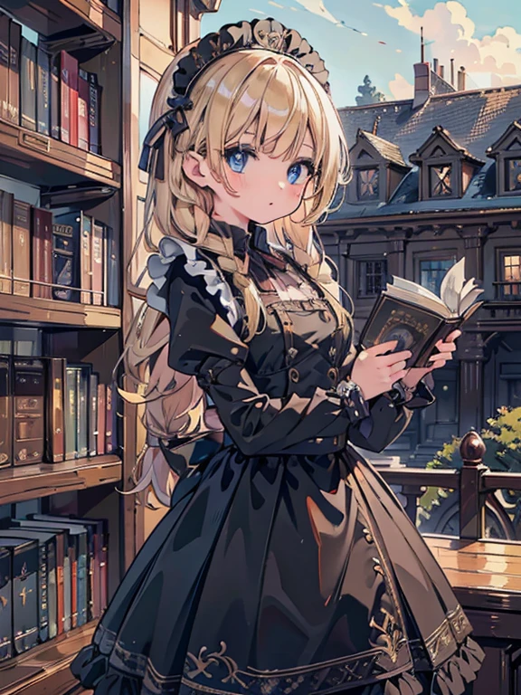 masterpiece, highest quality, Very detailed, 16k, Ultra-high resolution, 12 year old girl, Detailed face, blue eyes, Blonde, Braid, Black maid outfit, Western-style building, libraryai, Bookshelf, Holding many books