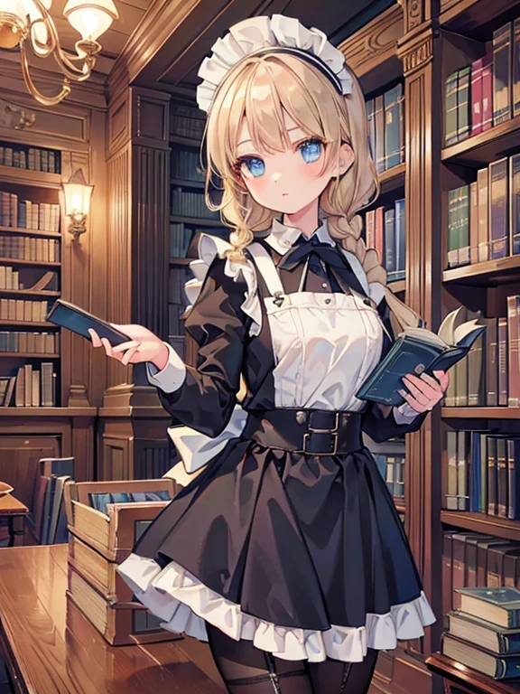 masterpiece, highest quality, Very detailed, 16k, Ultra-high resolution, 12 year old girl, Detailed face, blue eyes, Blonde, Braid, Black maid outfit, Western-style building, libraryai, Bookshelf, Holding many books