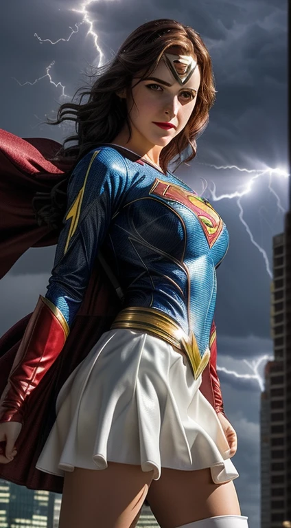 Un primer plano de una mujer con un disfraz de Superman de pie en una ciudad, Superchica, Gal Gadot como Supergirl, superhero body, super-hero girl, Super model, Superhero, amouranth as a super villain, hybrid of gal gadot, super hero, Gal Gadot as the Lord of Hell, the strongest superhero, Emma Watson como Supergirl,Apocalyptic destroyed city, lluvia cayendo, More detailed 8K.motor irreal:1.4,UHD,La mejor calidad:1.4, fotorrealista:1.4, textura de la piel:1.4, obra maestra:1.8,obra-prima, mejor calidad,objeto Objeto], (detailed face features:1.3),(mini-skirt white:1.4),(mostrando panties),(puesta de sol Apocalyptic:1.4),(White Superhero Costume:1.4),(cabello blanco canoso:1.4),(Rainy blue lightning background:1.4)