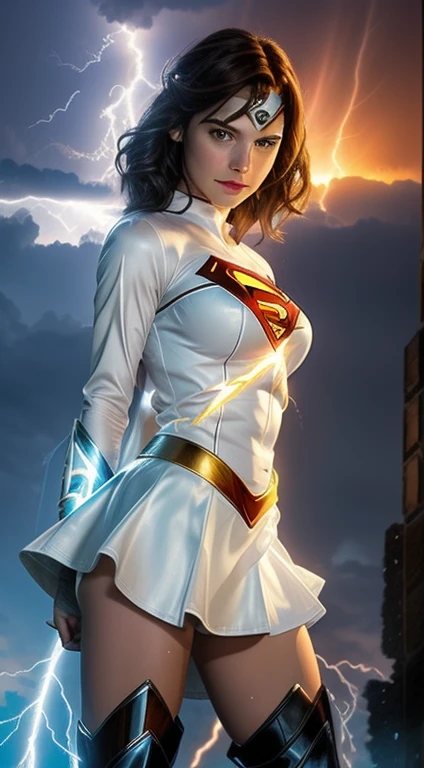 Un primer plano de una mujer con un disfraz de Superman de pie en una ciudad, Superchica, Gal Gadot como Supergirl, superhero body, super-hero girl, Super model, Superhero, amouranth as a super villain, hybrid of gal gadot, super hero, Gal Gadot as the Lord of Hell, the strongest superhero, Emma Watson como Supergirl,Apocalyptic destroyed city, lluvia cayendo, More detailed 8K.motor irreal:1.4,UHD,La mejor calidad:1.4, fotorrealista:1.4, textura de la piel:1.4, obra maestra:1.8,obra-prima, mejor calidad,objeto Objeto], (detailed face features:1.3),(mini-skirt white:1.4),(mostrando panties),(puesta de sol Apocalyptic:1.4),(White Superhero Costume:1.4),(cabello blanco canoso:1.4),(Rainy blue lightning background:1.4)