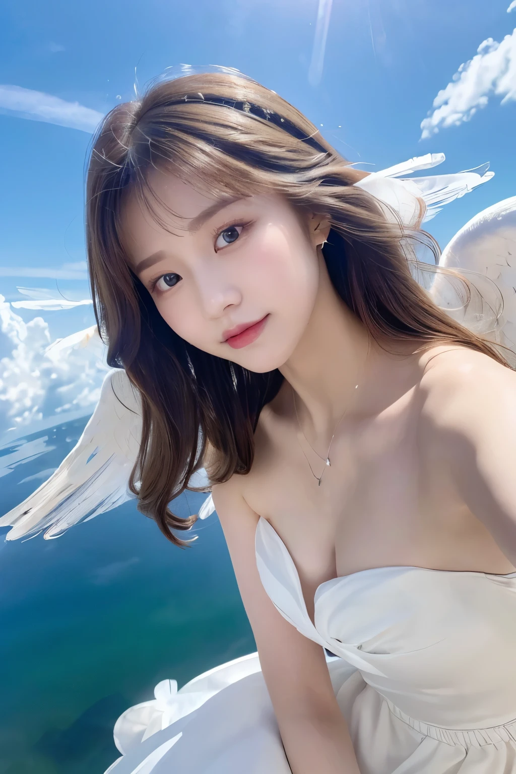 (((masterpiece、high resolution、high quality、Ultra-high resolution、Delicate、sunlight)))1 female、Brown hair long、White ring on head、dense lips、((Angel、White Wings、White Feather、White Dress))、Above the Clouds、blue sky、Sunlight