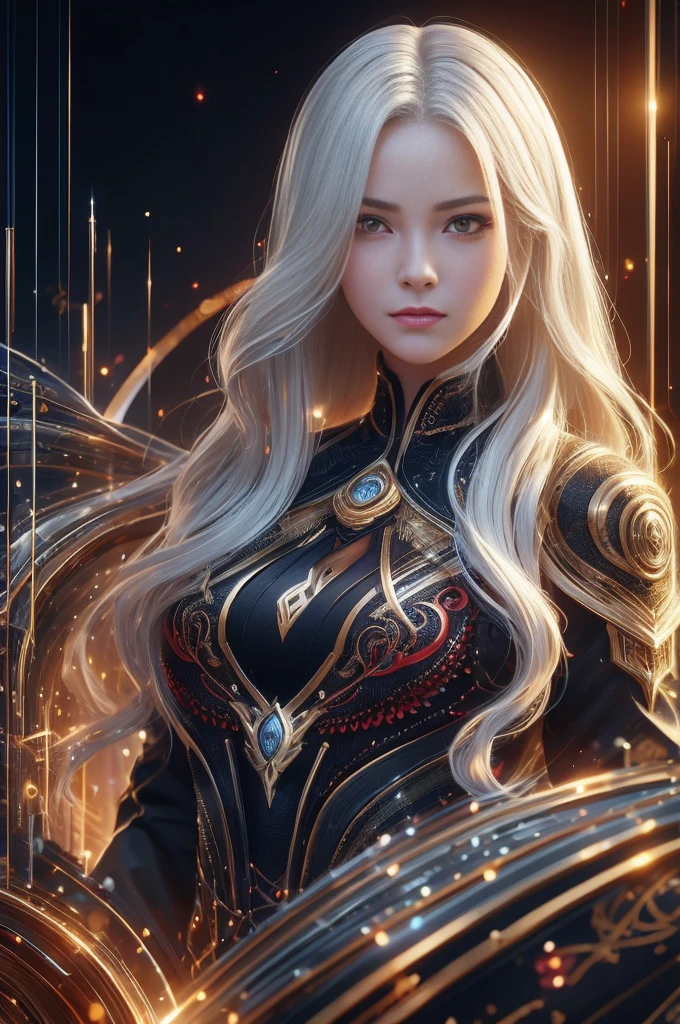 Portrait of a beautiful girl with wavy white hair, Wear a formal black dress with metallic parts, Red Eyes, Letter combination on background, number, Dark, 8K, Intricate details, High quality, 复古future风格, Sharp focus on the center, Soft colors, Art Station, (Science Fiction, future, future theme), (A contemptuous expression appeared on his face), (Detailed description)