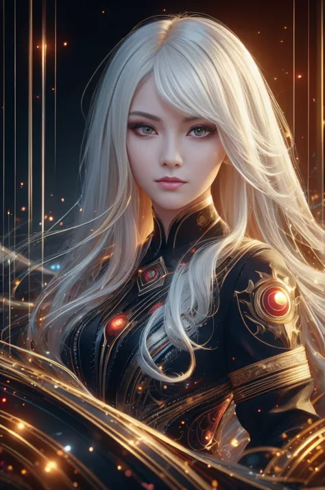 portrait of a beautiful girl with wavy white hair, wear a formal black dress with metallic parts, red eyes, letter combination o...