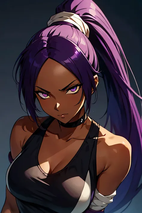 1 woman, yoruichi shihouin, dark skinned, long dark purple hair, ponytail, ((detailed eyes:1.2)), wearing tanktop, sexy, sensual...