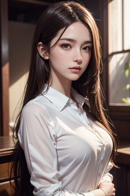 Realistic, Like the picture, Tabletop, highest quality, RAW Photos, One Girl, alone, Long Hair, Brown Hair, Detailed face, Attractive face, Collared shirt, Medium chest, Dynamic pose, View your viewers, From below, Detailed Background, Fine details, Intricate details, Ray Tracing, Depth of written boundary, Low Key, Hmph