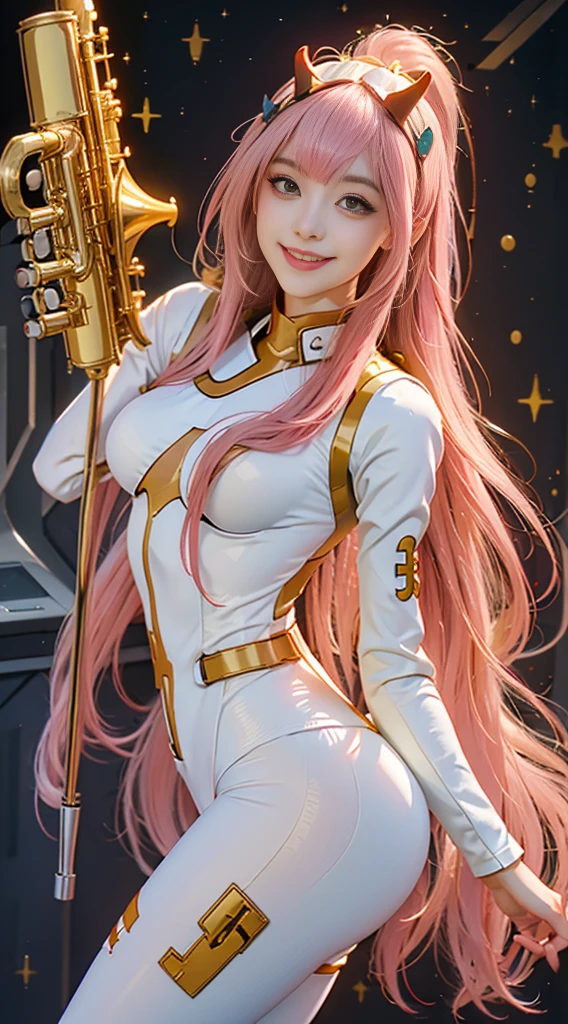 Zero Two \(Honey\), Honey, 1 Girl, rim, Selfie, Smile, bite, Black Shadow, Green Eyes, Hair on the back of the head, trumpet, long hair, cosmetic, Small Breasts, Pilot suit, White tights, Pink Hair, Red Eyeshadow, Science fiction, tight skin, Solitary
