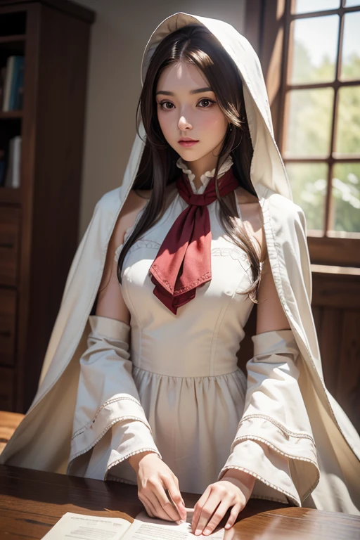 Realistic, Like the picture, Tabletop, highest quality, RAW Photos, One Girl, alone, Long Hair, Brown Hair, Detailed face, Attractive face, plaindoll, white hair, doll joints、bonnet, brown cloak, long dress, red ascot, Medium chest, Dynamic pose, View your viewers, From below, Detailed Background, Fine details, Intricate details, Ray Tracing, Depth of written boundary, Low Key, Hmph