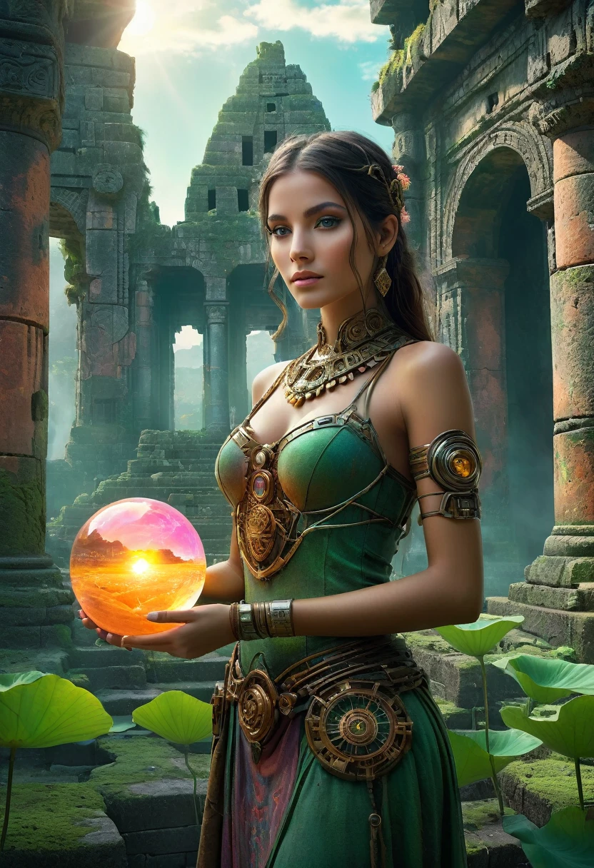 (best quality,4k,8K,High resolution,masterpiece:1.2),Extremely detailed,Practical:1.37,A beautiful girl standing among the ruins of the Inca Empire,insert,Metal body,glowing cybernetics,Beautiful facial features,Mysterious eyes,Cybernetic enhancement,Ethereal exterior, Old stone building,Stones and vines covered with green moss,Delicate lotus,Steampunk elements,Fusion of ancient technology and future technology,The bright colors contrast with the weathered ruins,Her eyes were filled with determination.,Holding a holographic map，Uncover the secrets of a lost civilization,Artistic portrait with surreal elements,The soft lighting creates a dreamy atmosphere,Colorful sunrise paints the sky orange and pink,Scattered artifacts hint at a forgotten past.