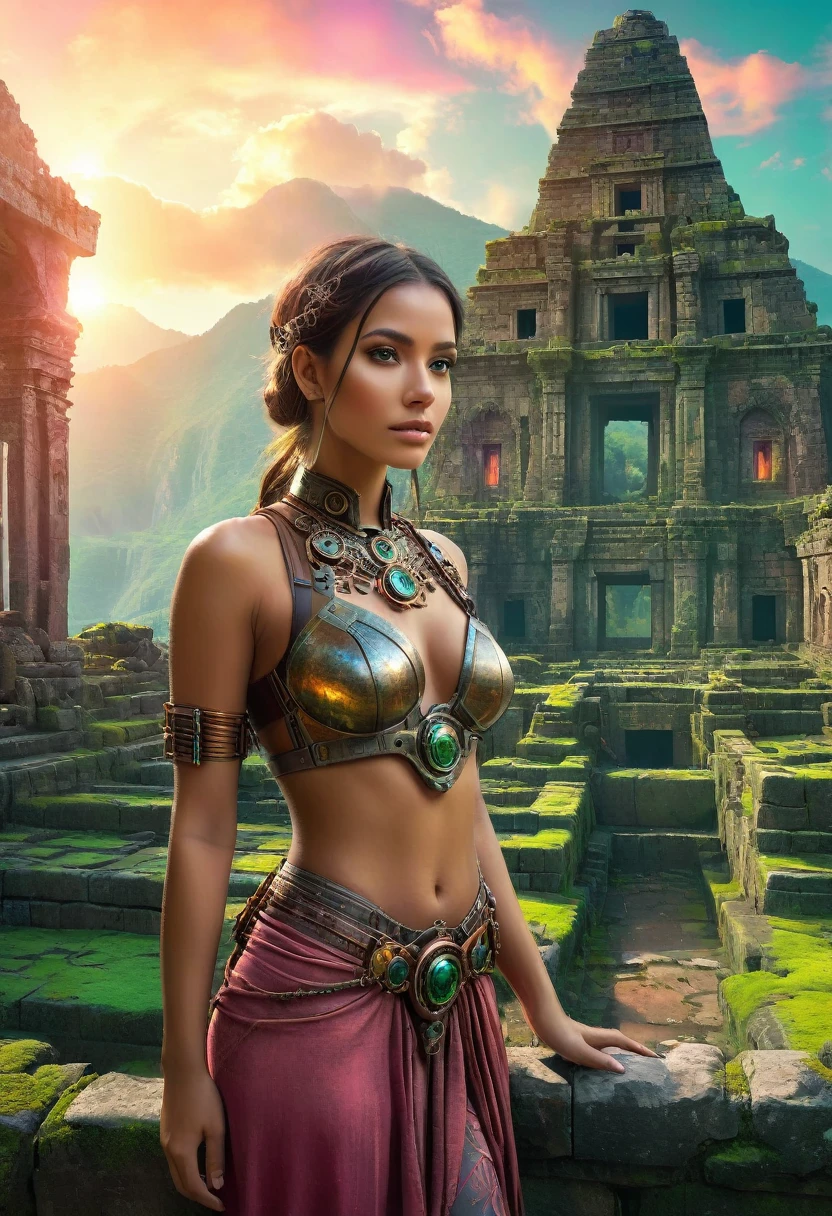 (mejor calidad,4k,8K,Alta resolución,obra maestra:1.2),extremadamente detallado,práctico:1.37,Una hermosa niña parada entre las ruinas del Imperio Inca.,insertar,Cuerpo metálico,glowing cybernetics,Hermosos rasgos faciales,ojos misteriosos,mejora cibernética,Exterior etéreo, Antiguo edificio de piedra,Piedras y enredaderas cubiertas de musgo verde.,loto delicado,elementos steampunk,Fusión de tecnología antigua y tecnología futura.,Los colores brillantes contrastan con las ruinas desgastadas.,Sus ojos estaban llenos de determinación..,Sosteniendo un mapa holográfico，Descubre los secretos de una civilización perdida.,retrato artístico con elementos surrealistas,La iluminación suave crea una atmósfera de ensueño.,El colorido amanecer pinta el cielo de color naranja y rosa,Artefactos dispersos insinúan un pasado olvidado.