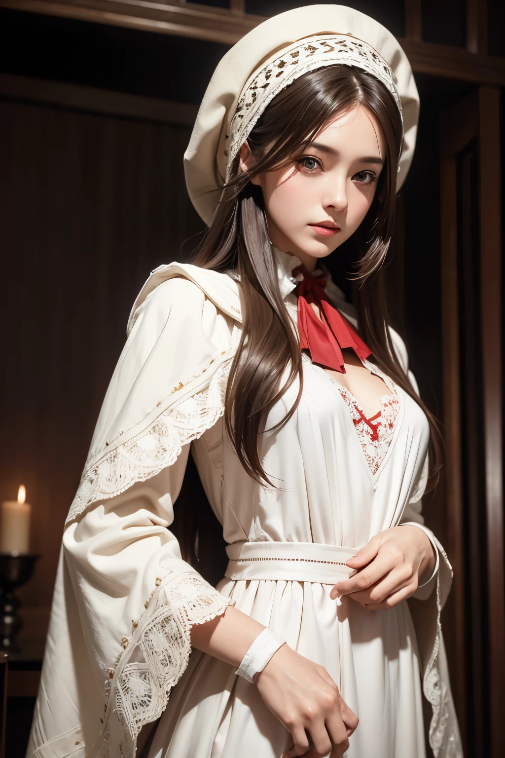 Realistic, Like the picture, Tabletop, highest quality, RAW Photos, One Girl, alone, Long Hair, Brown Hair, Detailed face, Attractive face, plaindoll, white hair, doll joints、bonnet, brown cloak, long dress, red ascot, Medium chest, Dynamic pose, View your viewers, From below, Detailed Background, Fine details, Intricate details, Ray Tracing, Depth of written boundary, Low Key, Hmph