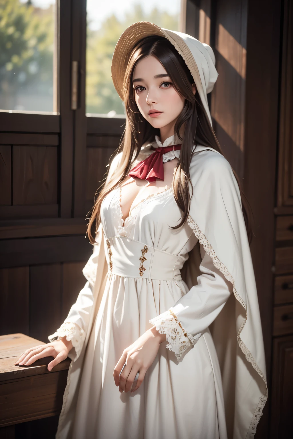 Realistic, Like the picture, Tabletop, highest quality, RAW Photos, One Girl, alone, Long Hair, Brown Hair, Detailed face, Attractive face, plaindoll, white hair, doll joints、bonnet, brown cloak, long dress, red ascot, Medium chest, Dynamic pose, View your viewers, From below, Detailed Background, Fine details, Intricate details, Ray Tracing, Depth of written boundary, Low Key, Hmph