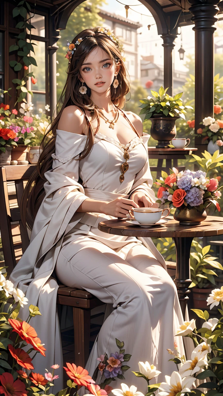 Mujer caucásica de 25 años.、Use un vestido con hombros descubiertos、sonrisa、Bonitas proporciones、En un jardín lleno de flores de colores、Hay un arco decorado con flores.、Siéntate en una mesa y disfruta de la hora del té.