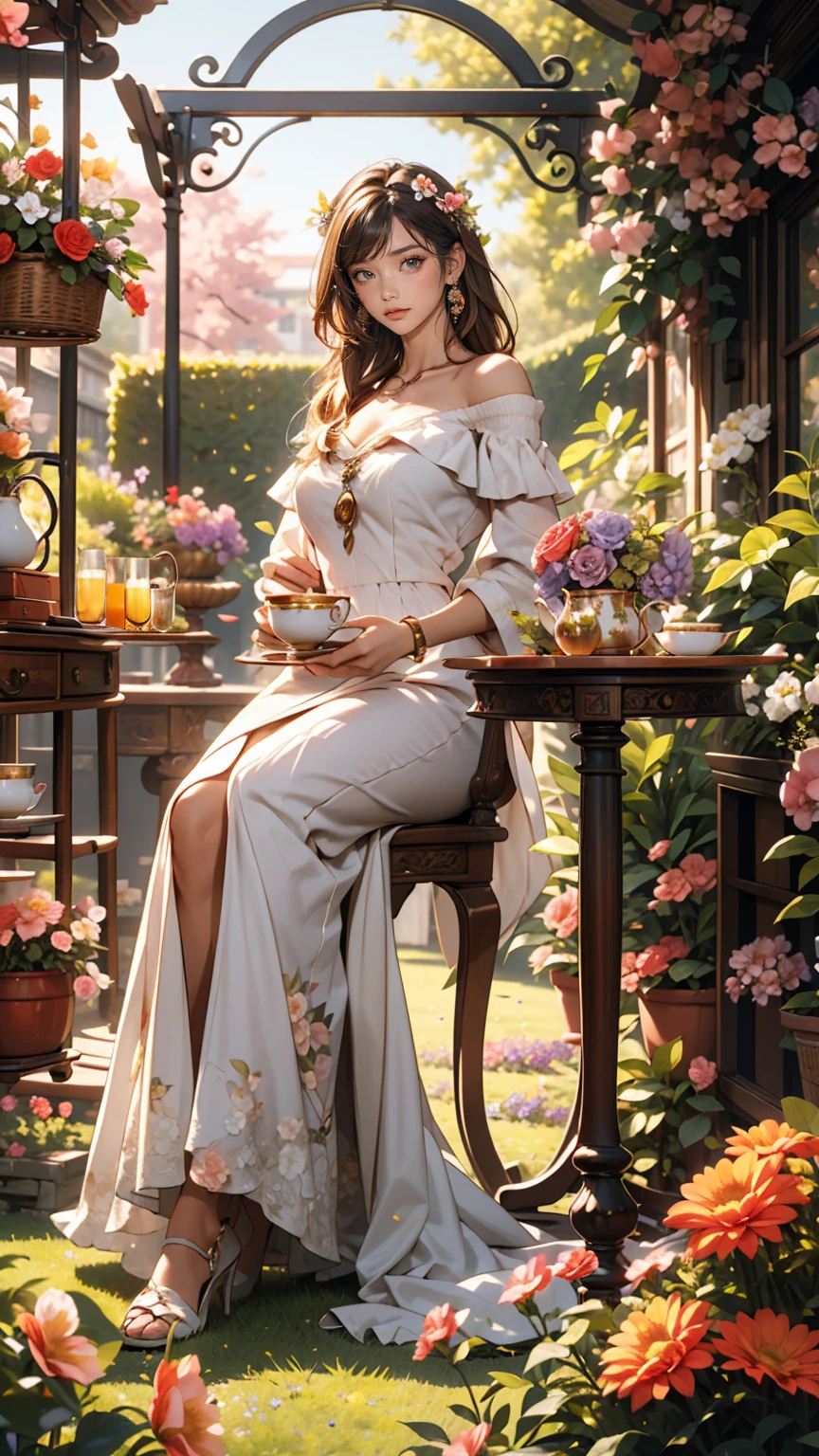 Mujer caucásica de 25 años.、Use un vestido con hombros descubiertos、sonrisa、Bonitas proporciones、En un jardín lleno de flores de colores、Hay un arco decorado con flores.、Siéntate en una mesa y disfruta de la hora del té.