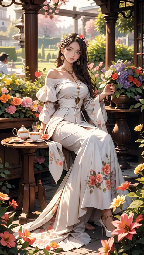 25-year-old Caucasian female、Wear an off-the-shoulder dress、smile、Nice proportions、In a garden full of colorful flowers、There is...