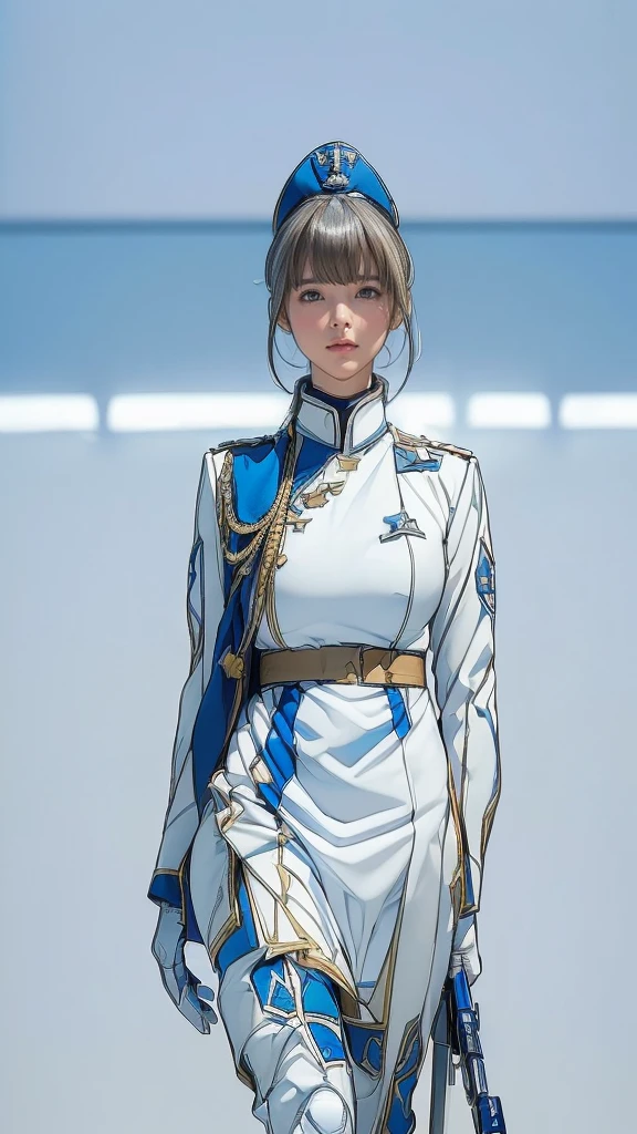 (((masterpiece,highest quality,In 8K,Super detailed,High resolution,anime style,absolutely))),(A female officer of the Earth Federation Forces is walking...:1.5),(alone:1.5), (Wearing the uniform of the Earth Federation Forces, White and blue military uniform:1.5),(federal employee wearing&#39;White hat:1.5),(Cute type of girl:1.4),(Detailed facial depiction:1.4),(beautiful hands:1.4),(fine hands:1.2),(wallpaper:1.5),(whole body:1.5),((overlook:1.5)), ((15 year old girl, clothing that fits)), (Inside the spaceship, Outside is a space), (((camel toe)))