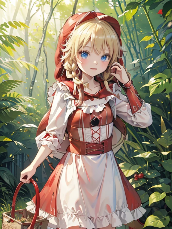 masterpiece, highest quality, Very detailed, 16K, Ultra-high resolution, 6 year old girl, (little red riding hood:1.5), Detailed face, blue eyes, bionde, Braid, Red dress, White apron, (Red hood on head:1.2), basket, There are fruits in the basket, in the forest, During a walk