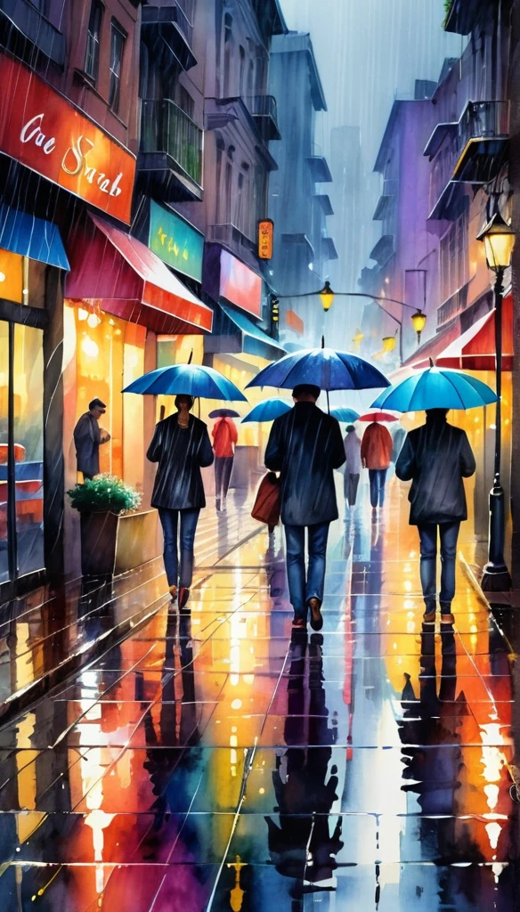 high quality watercolor painting, detailed city landscape, people with umbrellas walking in heavy rain, cars driving with lights, reflections of lights on wet streets, vibrant colors, atmospheric lighting, cinematic, masterpiece, delicate brush, wattered