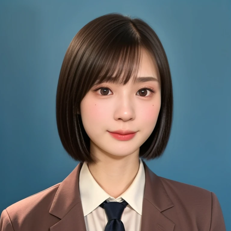 NSFW, (kawaii 24 year-old Japanese girl, Nogizaka idol, Korean idol), (glossy brown hair, very short hair, bangs:1.3), (beautiful black eyes, rounded face, narrow shoulders, single eyelid, no makeup, no expression:1.3), (wearing suit jacket, collared shirt, necktie:1.3), (extra small breasts:0.9), BREAK, (simple blue background:1.3), (view from forward, bust shot, wide shot, id photo:1.3), BREAK, (masterpiece, best quality, photo realistic, official art:1.4), (UHD, 8K quality wallpaper, high resolution, raw photo, golden ratio:1.3), (shiny skin), professional lighting, physically based rendering, award winning, (highly detailed skin, extremely detailed face and eyes), Carl Zeiss 85 mm F/1.4, depth of field, (1girl, solo),