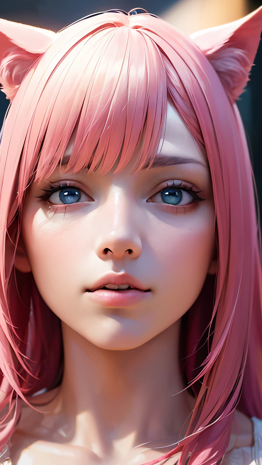 a masterpiece illustration of 1girl and 1boy with beautiful detailed eyes, open mouths, looking at the viewer in a close-up, pink haired, shy, wearing cat ears, (best quality,4k,8k,highres,masterpiece:1.2),ultra-detailed,(realistic,photorealistic,photo-realistic:1.37),vibrant colors,dramatic lighting