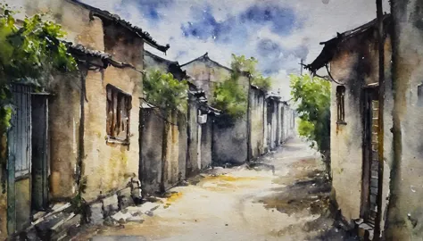 ((watercolor)), landscape, Blurred, Malaise, cloudy, China, Residential Street, village, danger, (Senior), (Intensive), alley, I...