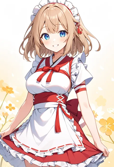 1girl,light brown color medium length hair,tareme,(blue eyes)+,kind smile,medium breasts,fusion of miko clothes and maid costume...
