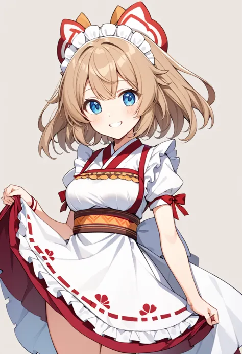 1girl,light brown color medium length hair,tareme,(blue eyes)+,kind smile,medium breasts,fusion of miko clothes and maid costume...