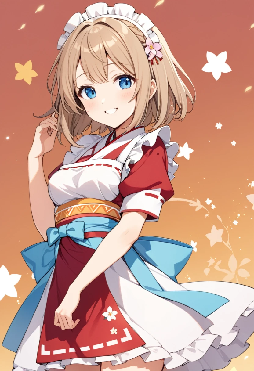 1girl,light brown color medium length hair,tareme,(blue eyes)+,kind smile,medium breasts,fusion of miko clothes and maid costume,