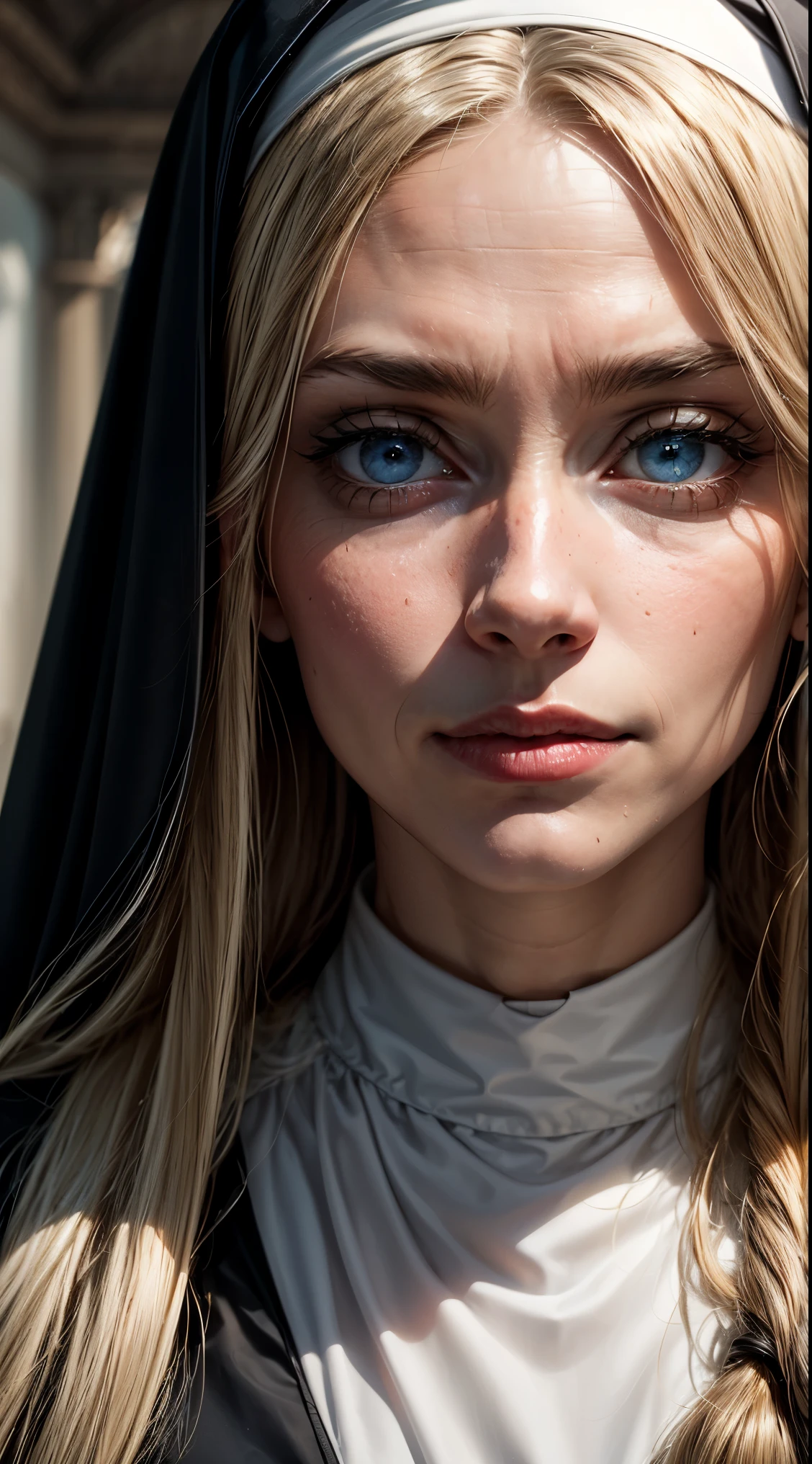 Pure blond straight hair, (long hair) (((straight hair))), Detailed hair, Blue Eyes, beautiful eyes, light on the face, pale skin, a 50 year old woman, nun, 