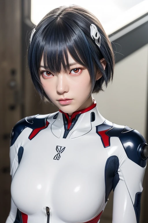 (masterpiece:1.2), highest quality, (Beautiful details:1.6), Highly detailed photos, (Perfect hands, Perfect Anatomy), Natural light, 
rei ayanami, One Girl, Navy Blue Hair, Smooth Hair, fine hair, short hair, (Red Eyes:1.6), 
bodysuit, Separate headgear for left and right, Headpod, Body-enveloping plug suit, A simple and soft plug suit, White bodysuit,
Inside the hangar, 大きなInside the hangar, 