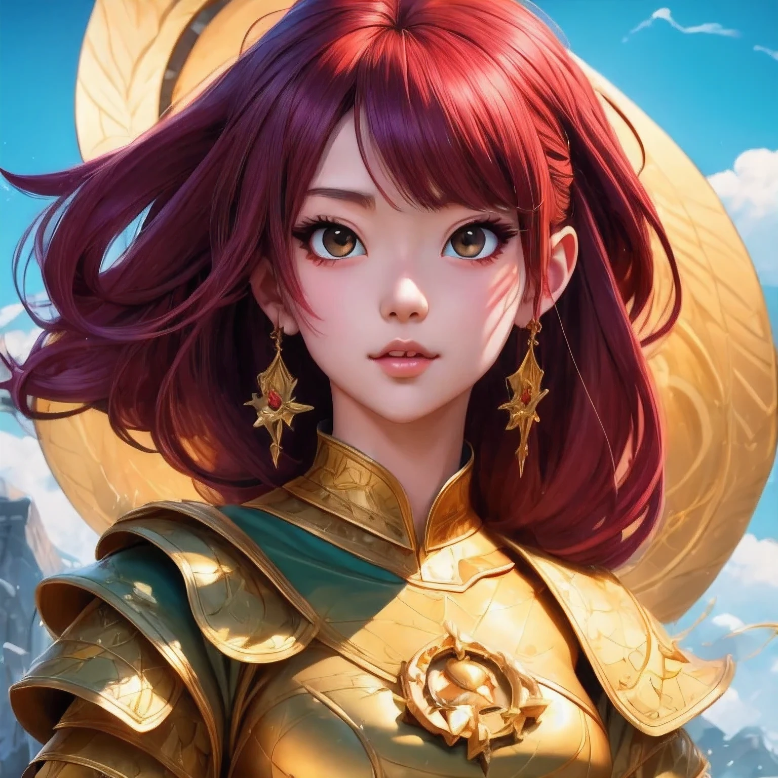 Araffe-Schüler in einem rot-goldenen Outfit posiert für ein Foto, Porträt Ritter des Tierkreises Mädchen, Anime-Mädchen-Cosplay, masayoshi suto and artgerm, Cosplay-Foto, Porträt einer weiblichen Anime-Heldin, Senna aus Liga der Legenden, Anime-Kostüm, Wojtek FUS, Cosplayer, IG-Modell | artgerm, Cosplay von Ayaka，（（（Aquarell）））（ein Schüler）