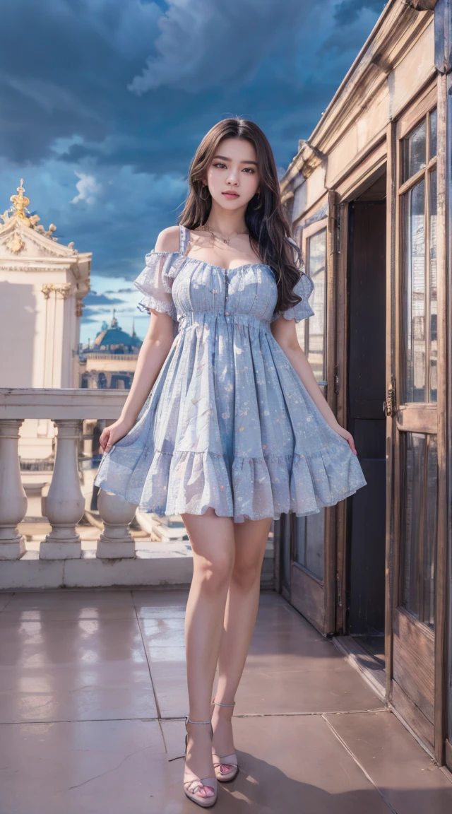 (Best Quality, Masterpiece:1.2), 4k, rating_explicit, photorealistic, 1girl, Solo, (beautiful detailed eyes, symmetric eyes), full body, in palace, more saturation, shooting light, cloudy sky, dark sky, very aesthetic wearing baby_doll_dress Girl
