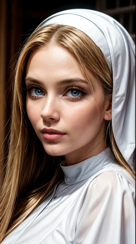 Pure blond straight hair, (long hair) (((straight hair))), Detailed hair, Blue Eyes, beautiful eyes, light on the face, pale ski...