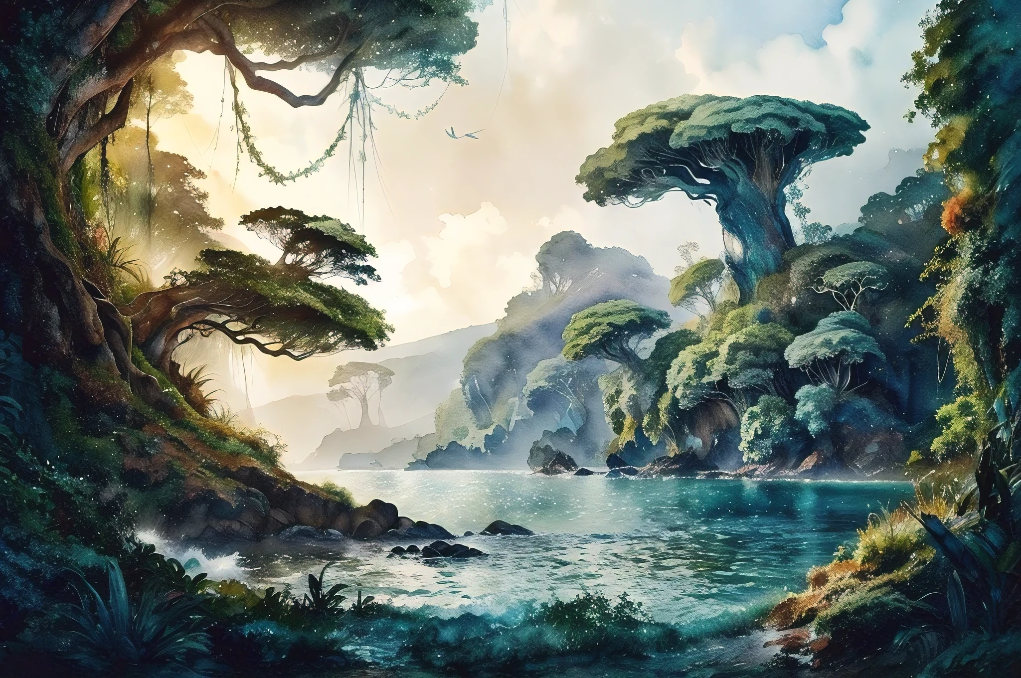 A mesmerizing watercolor painting capturing the enchanting seaside landscape of Pandora from the Avatar film series. The breathtaking scene features a magnificent coastal area, lush with vibrant, bioluminescent vegetation. Towering trees and unique flora create a sense of wonder and exploration. The natural light filters through the foliage, casting a soft, ethereal glow on the water, and creating a surreal atmosphere.
