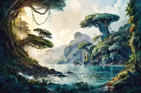 a mesmerizing watercolor painting capturing the enchanting seaside landscape of pandora from the avatar film series. the breatht...