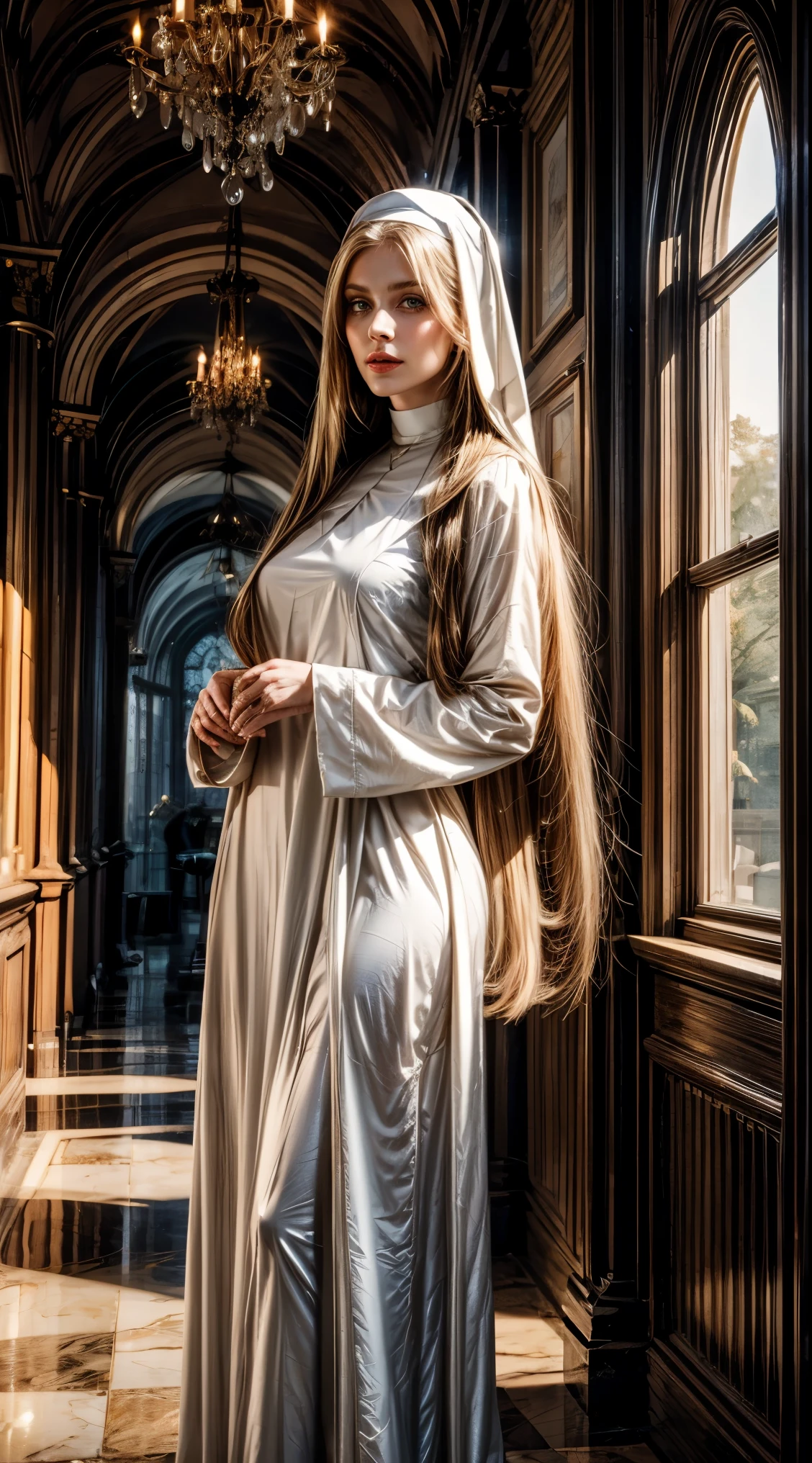 fullbody Pure blond straight hair, (long hair) (((straight hair))), Detailed hair, Blue Eyes, beautiful eyes, light on the face, pale skin, a 50 year old woman, nun, 