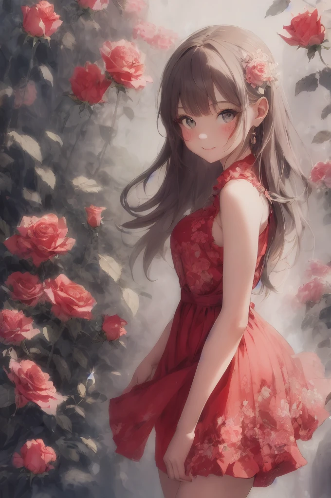 Absurd, High resolution, Super detailed, (One beautiful girl:1.3),　A little smile, Crimson rose dress, de luz, satin, Pastel style, Soft Blending, Dreamy wash, light texture,