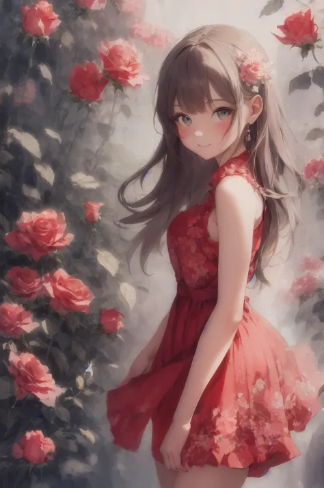 Absurd, High resolution, Super detailed, (One beautiful girl:1.3),　A little smile, Crimson rose dress, de luz, satin, Pastel sty...